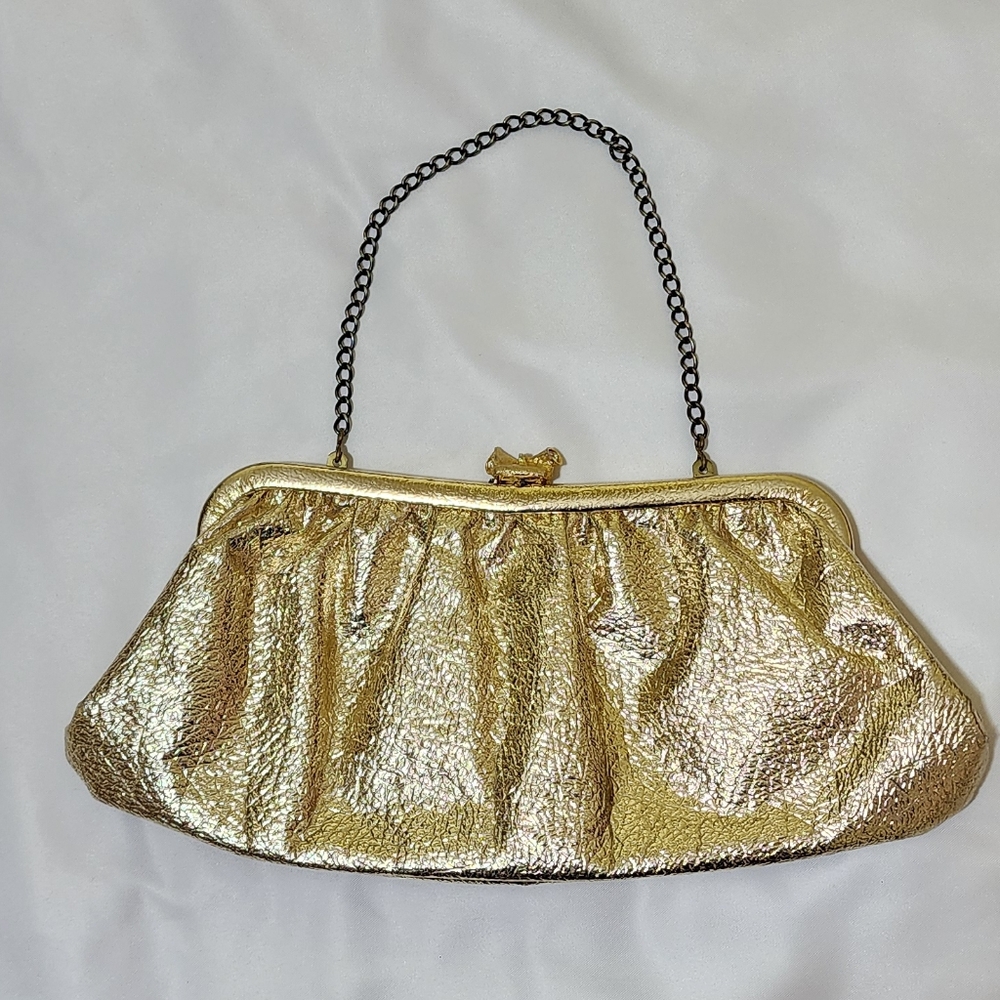 Vintage Gold Foil Evening Clutch With Metal Strap